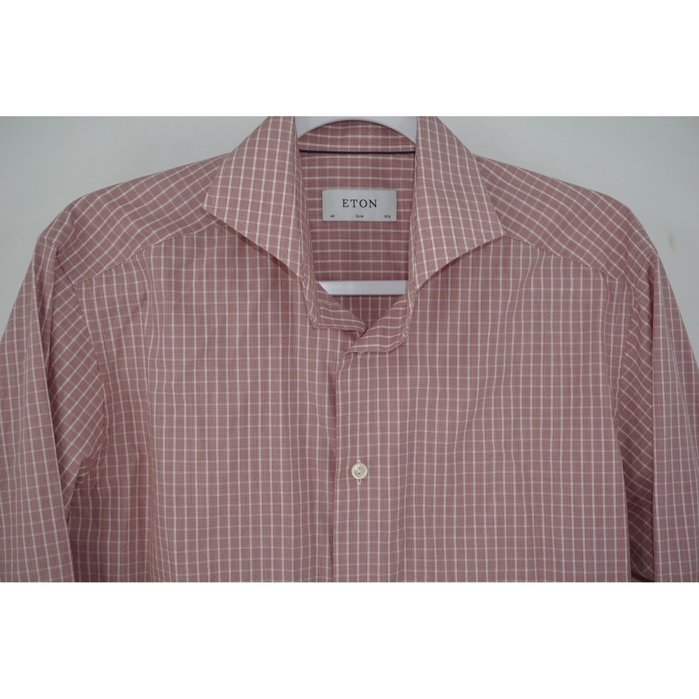 Eton Dress‎ Shirt Red Check Plaid Slim Fit 100% Cotton Long Sleeve Men's 40 16